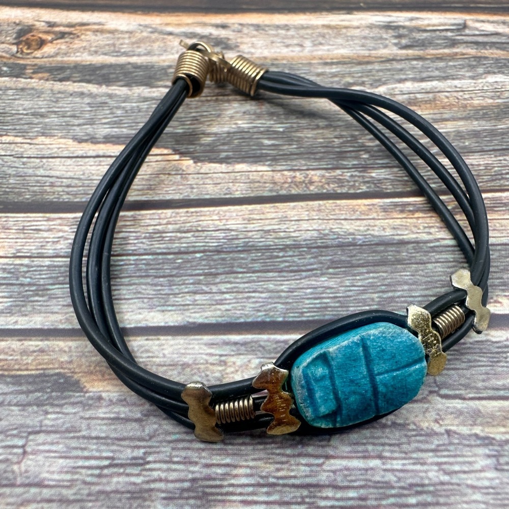 Blue Carved Oval Multi-Strand Cord Bracelet Gold Tone Boho Statement Vintage